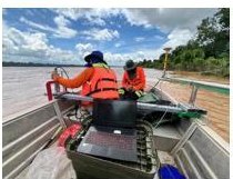 Survey crew running a vessel-mounted echo sounder on the river