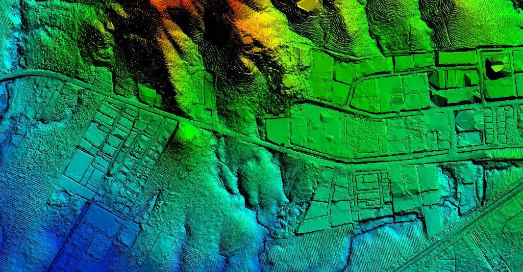 Colourised LiDAR surface model of a river town
